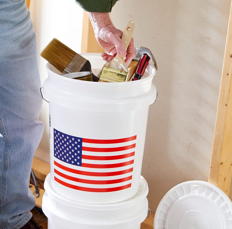United Solutions 5 Gallon Bucket, Heavy Duty Plastic Bucket, Comfortable Handle, Perfect for on The Job, Home Improvement, or Household Cleaning, White with USA Flag, Pack of 2 - Image 4